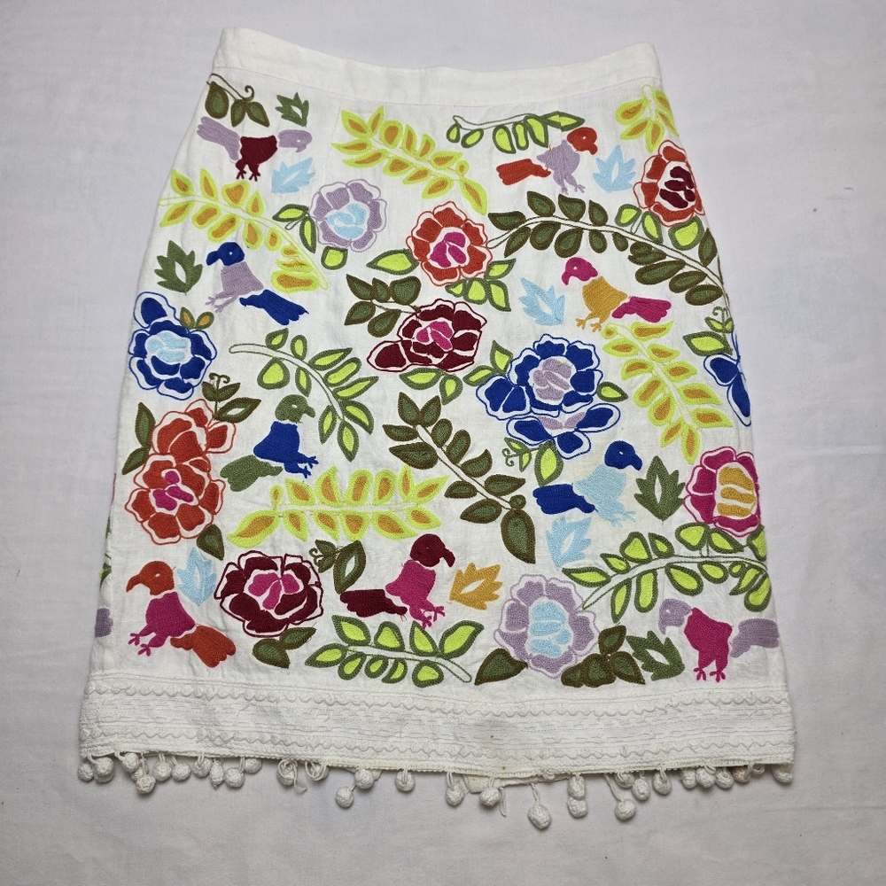 Anthropologie Moulinette Soeurs Fiesta Embroidered Pom Pom Skirt 6 Colorful